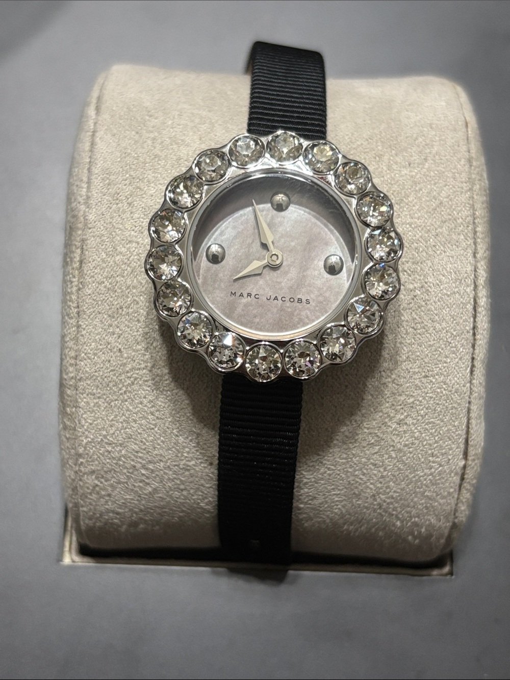 Marc Jacobs Silver Crystal Bezel Watch with Black Strap
